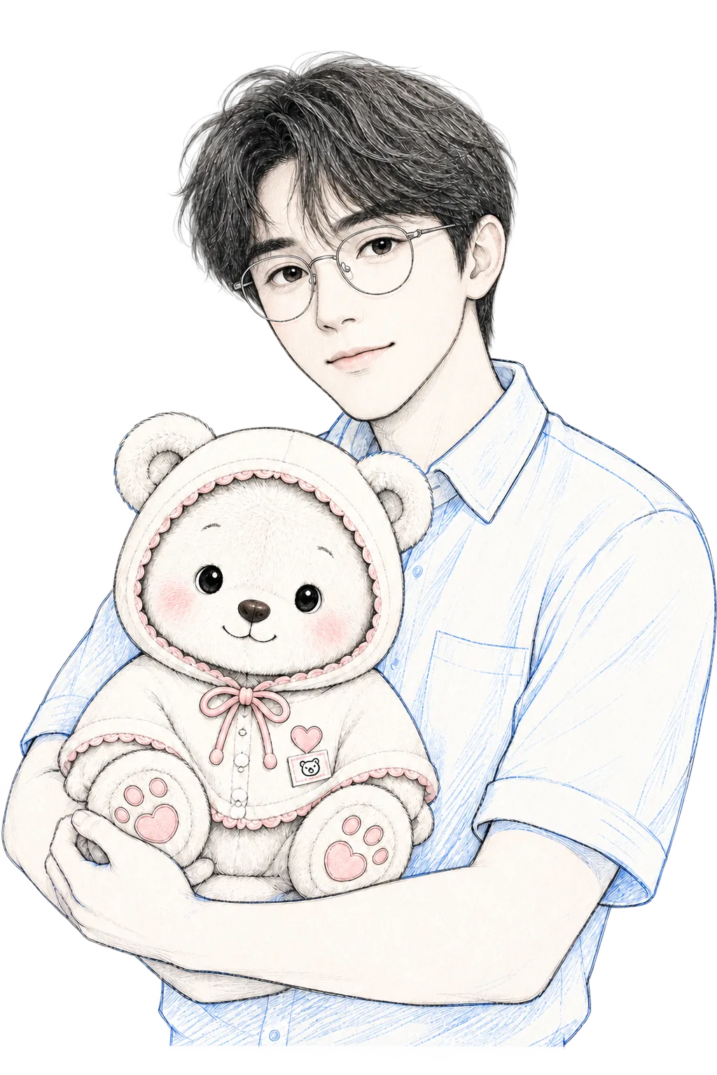 戴细框眼镜的 Auden 抱着 Ranran-Bear 的维护档案线稿